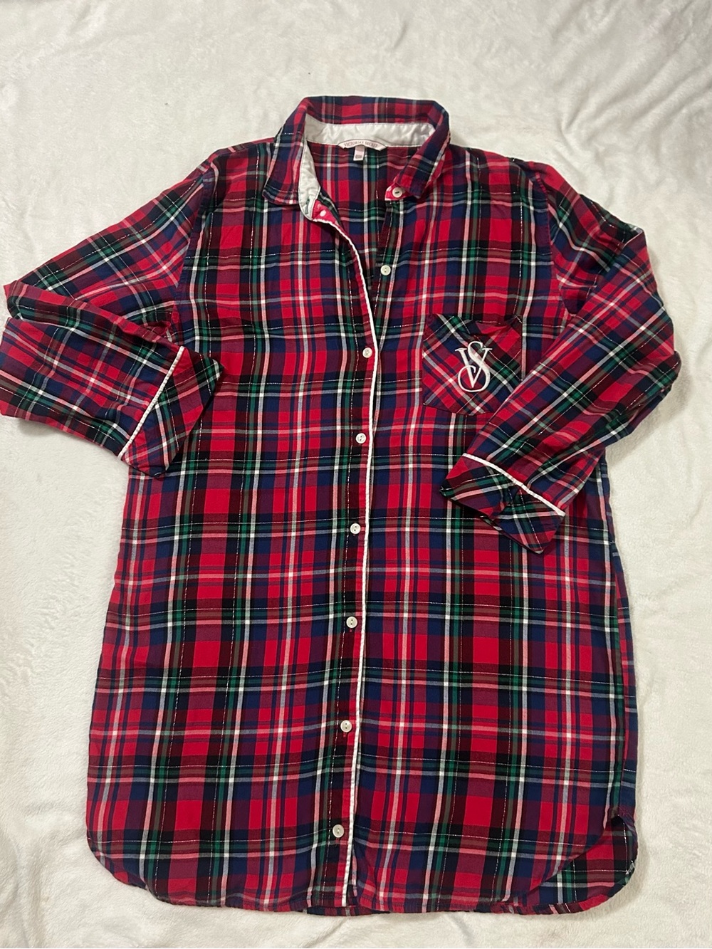 Victoria's Secret Red, Navy & Green Plaid Button-Up Shirt
